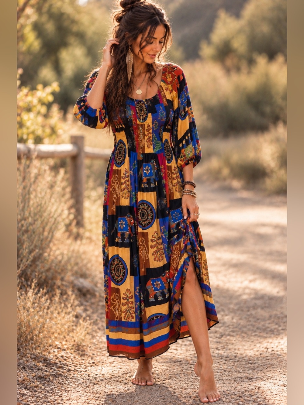 Elephant Print Maxi Dress One Size Boho Hippie Festival Artsy Rayon